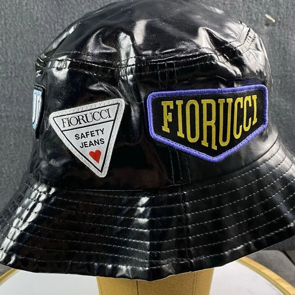Fiorucci Black Vinyl Bucket Hat Multi Patch Angels Safety Jeans 90s Style Y2K